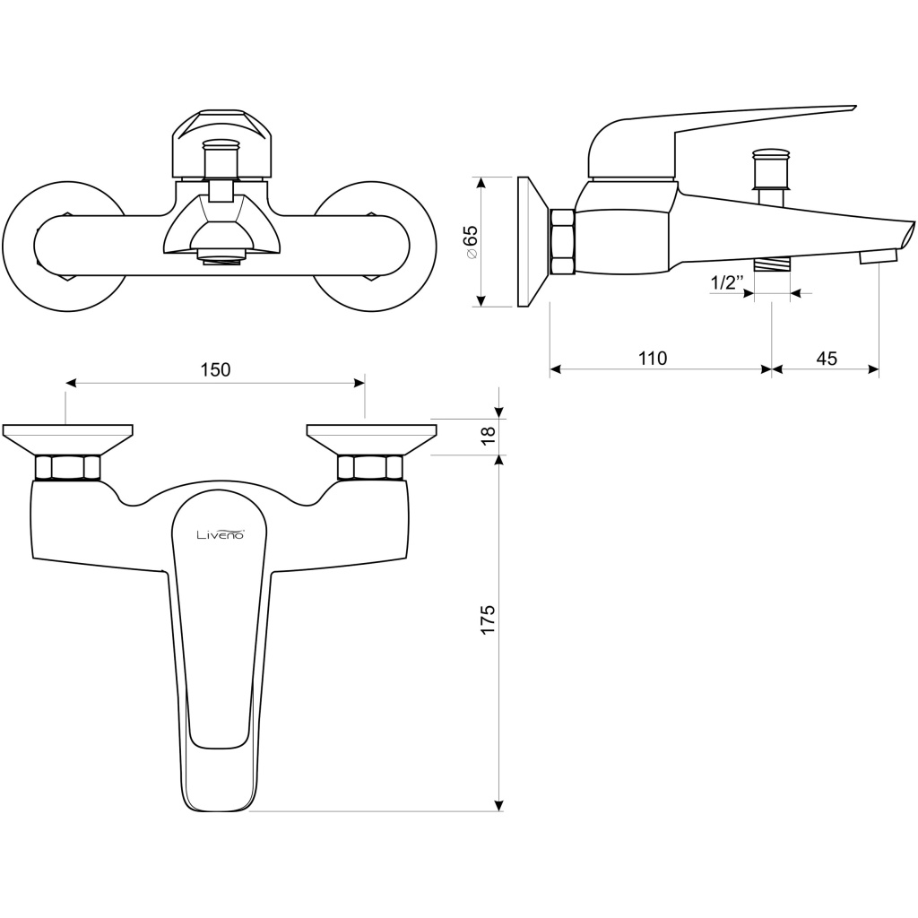 Rysunek techniczny baterii wannowej, przedstawiający szczegółowe wymiary, rozmieszczenie uchwytów, wylewki i przyłączy. Diagram ilustruje konstrukcję oraz specyfikację techniczną, ułatwiając planowanie montażu i dopasowanie baterii do instalacji w łazience.L iveno Delta