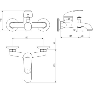 Bateria wannowa Liveno Omkron Rysunek techniczny baterii wannowej, przedstawiający szczegółowe wymiary i elementy konstrukcyjne. Diagram ilustruje wysokość, szerokość, rozmieszczenie uchwytów oraz wylewki. Pomaga w precyzyjnym planowaniu montażu i dopasowaniu baterii do wnętrza łazienki.

