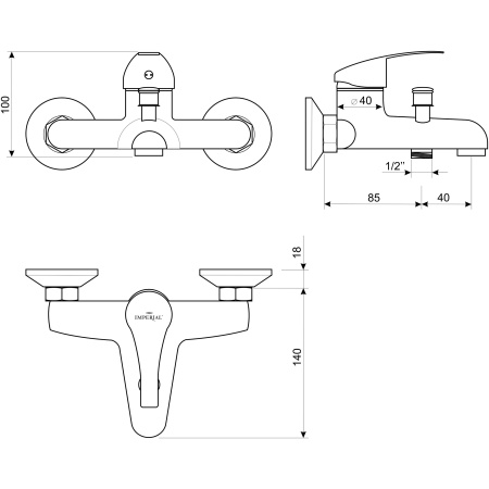 Liveno DECA35 Rysunek techniczny baterii wannowej, przedstawiający szczegółowe wymiary i elementy konstrukcyjne. Diagram ilustruje wysokość, szerokość, oraz rozmieszczenie uchwytów i przyłączy, umożliwiając precyzyjne planowanie instalacji. Idealny do weryfikacji dopasowania baterii do wanny.