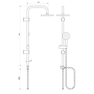 Liveno VIVO Rysunek techniczny zestawu prysznicowego z deszczownicą, przedstawiający szczegółowe wymiary i elementy konstrukcyjne. Diagram pokazuje wysokość zestawu, wymiary deszczownicy, rozmieszczenie uchwytów i przyłączy. Pomaga w precyzyjnym planowaniu montażu i zapewnia dopasowanie zestawu do kabiny prysznicowej.