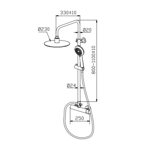 Zestaw prysznicowy Liveno VIVO Rysunek techniczny zestawu prysznicowego z baterią i deszczownicą. Diagram przedstawia szczegółowe wymiary i elementy konstrukcyjne, w tym wysokość całkowitą, szerokość, długość deszczownicy oraz rozmieszczenie uchwytów. Ułatwia precyzyjne planowanie montażu i dopasowanie zestawu do łazienki.