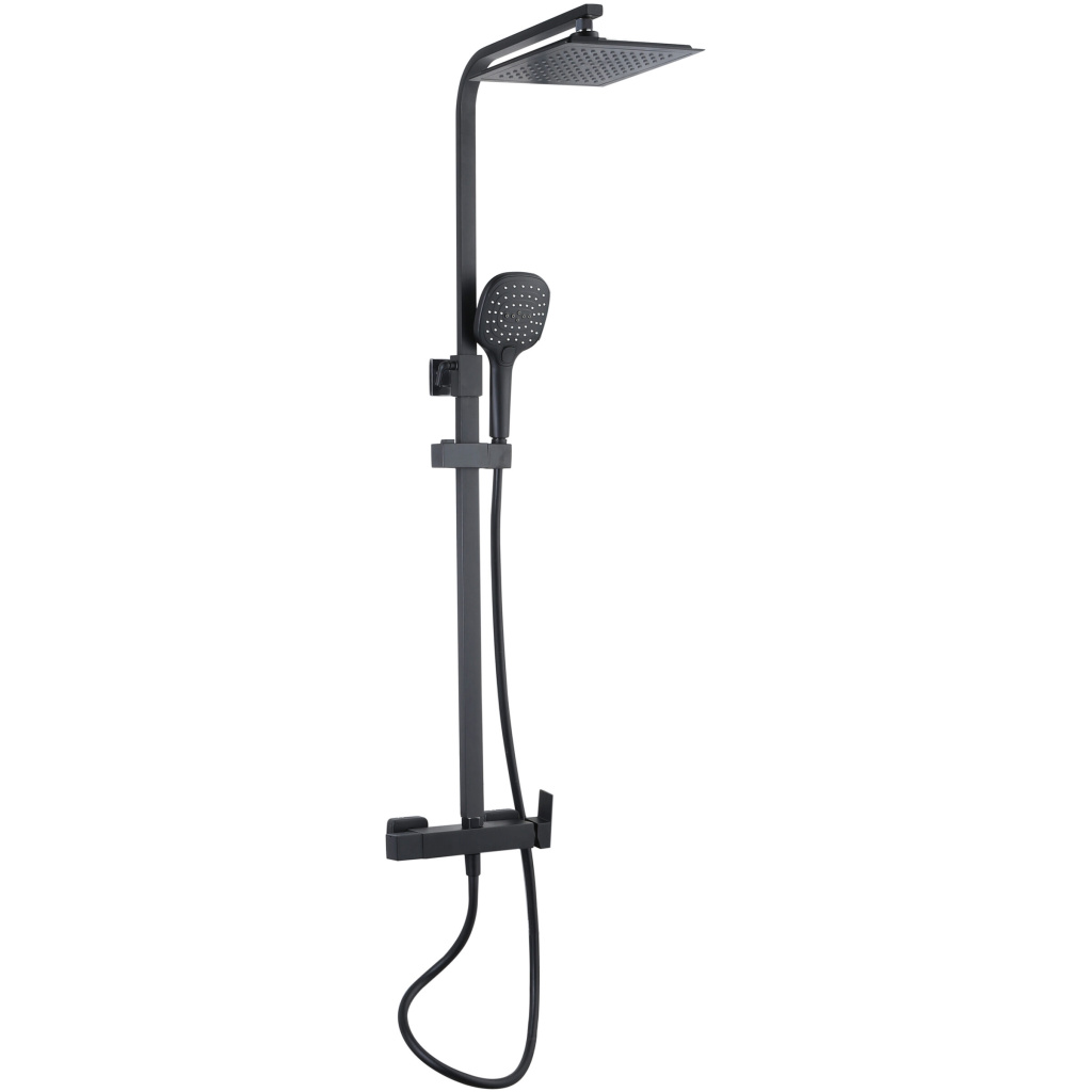 Liveno CAPRI BLACK Zestaw prysznicowy w czarnym kolorze w stylu loftowym. Charakteryzuje się matowym czarnym wykończeniem oraz nowoczesnym, industrialnym designem. Zawiera dużą deszczownicę, smukłą rączkę prysznicową i elegancką kolumnę, które doskonale komponują się z surowym i minimalistycznym wystrojem wnętrz loftowych. Idealny do nowoczesnych łazienek z charakterem.