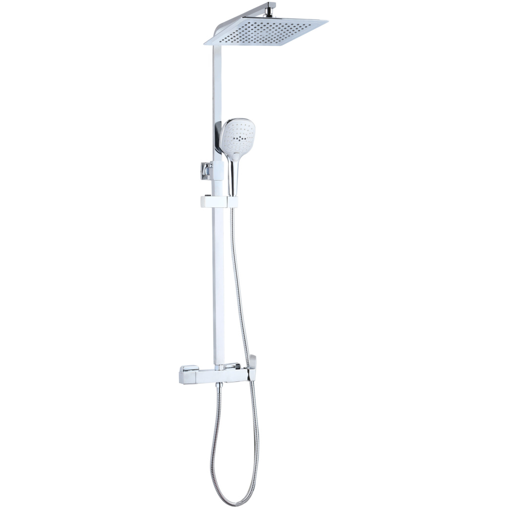 Liveno Capri Zestaw prysznicowy w kolorze srebrnym z nowoczesnym designem. Zawiera dużą deszczownicę, funkcjonalną słuchawkę prysznicową oraz elegancką kolumnę prysznicową, wszystko w błyszczącym srebrnym wykończeniu. Stylowy i elegancki, idealny do współczesnych łazienek, zapewnia zarówno funkcjonalność, jak i estetyczny wygląd.