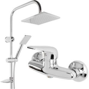 Liveno quadro Zestaw prysznicowy z kwadratową deszczownicą i srebrnymii akcesoriami. Zawiera dużą, elegancką kwadratową deszczownicę oraz solidną słuchawkę prysznicową, obie w błyszczącym chromie. Całość uzupełnia elastyczny wąż i nowoczesna kolumna prysznicowa, tworząc spójny i stylowy wygląd idealny do nowoczesnych łazienek.